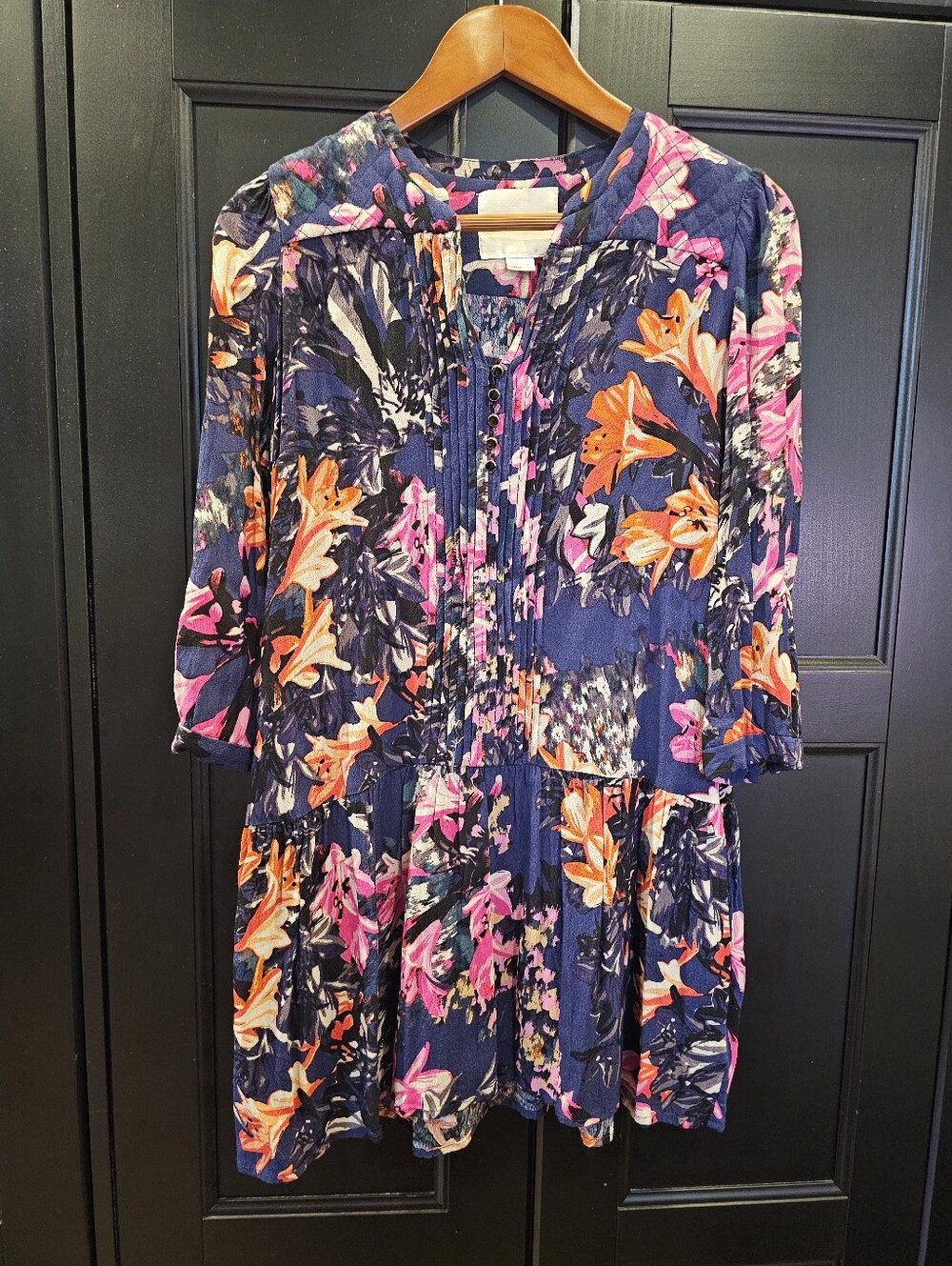 Maeve for Anthropologie Caravane Floral Navy Tunic Dress- SM Petite- SEE BUTTON